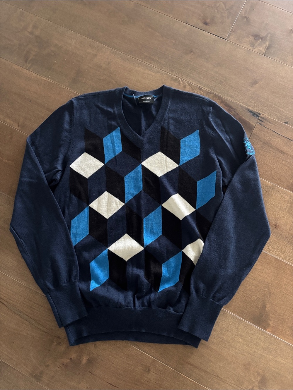 Galvin Green Men's Navy V-Neck Argyle Wool Blend Golf Sweater, St Andrew’s ed